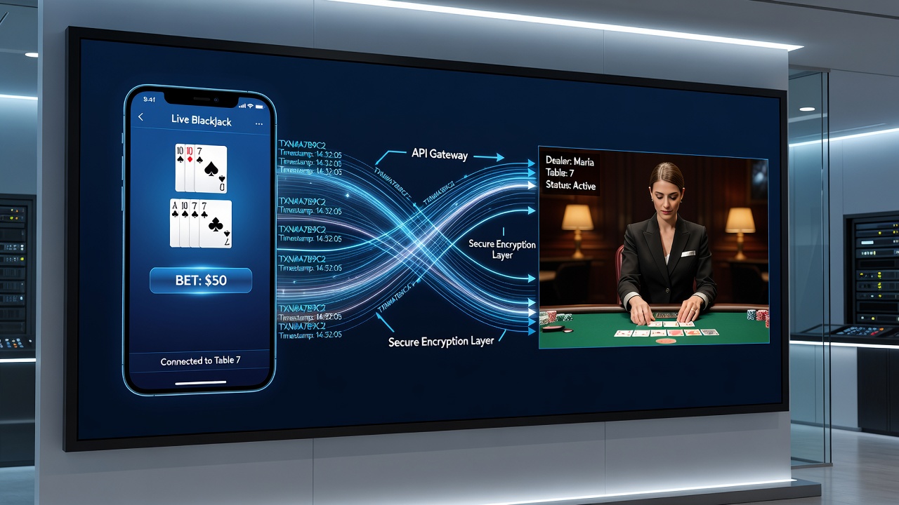 Diagram van transactiepadways van mobiele apps naar live dealer tafels met betalingsstromen